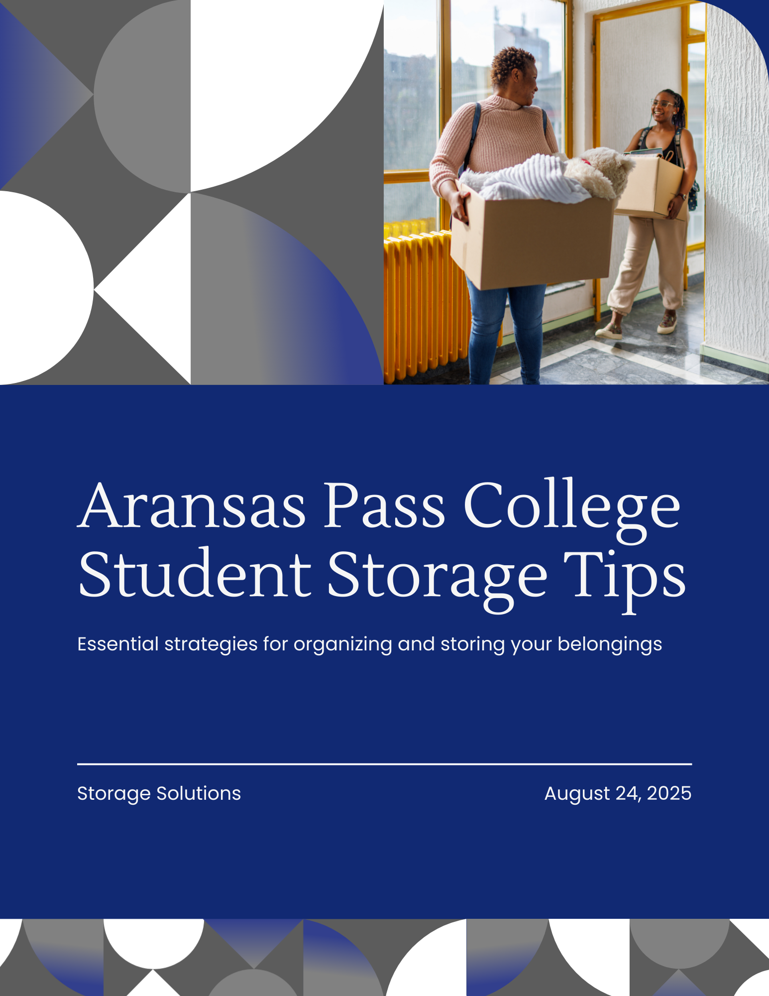 Two college students carrying boxes during move-out with blog graphic overlay titled Aransas Pass College Student Storage Tips – strategies for organizing and storing belongings
